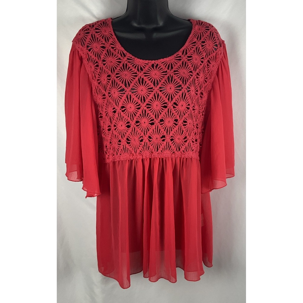 Bedford Fair Womens Size XL Coral Crochet Sheer Blouse Boho Flowy Babydoll Tunic